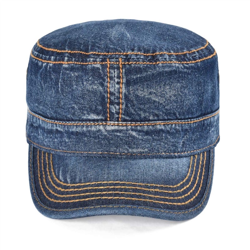 VOBOOM Washed Cotton Military Cadet Army Caps Unique Design Vintage Flat Top Hat (Denim Dark Blue) - Image 3